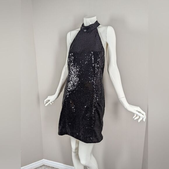 Dynamite Black Sequin Halter Mini Dress Sparkle Party Size Med - Picture 6 of 9